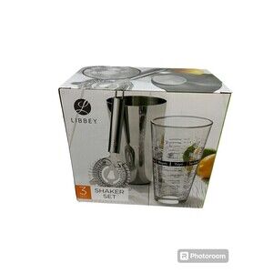 New Libbey 3pc Cocktail Mixing Set Glass 20oz Metal Shaker Strainer